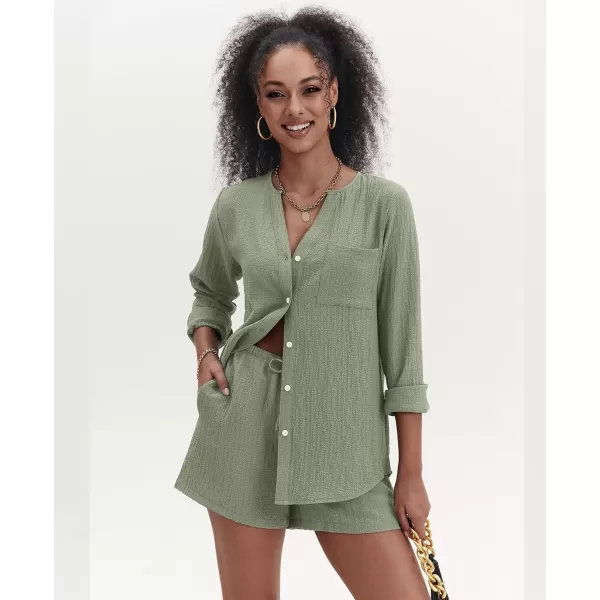 Ekouaer Womens V Neck Lounge Sets Button Down Shirt and Shorts 2 Piece Outfits Loungewear Pajama with PocketsLight Green
