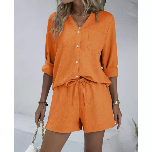 Ekouaer Womens V Neck Lounge Sets Button Down Shirt and Shorts 2 Piece Outfits Loungewear Pajama with PocketsOrange