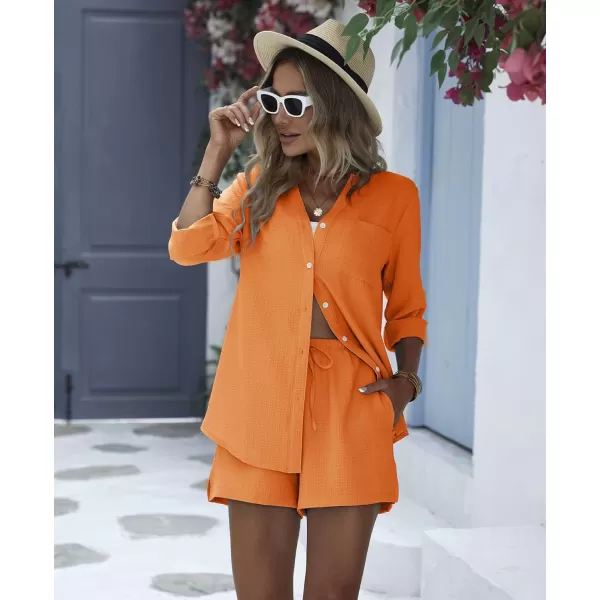 Ekouaer Womens V Neck Lounge Sets Button Down Shirt and Shorts 2 Piece Outfits Loungewear Pajama with PocketsOrange