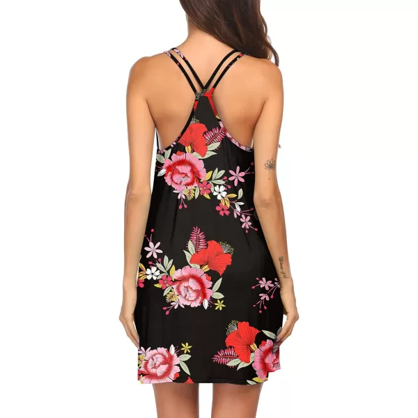 Ekouaer Womens V Neck Sleeveless NightgownA Black Red Flower