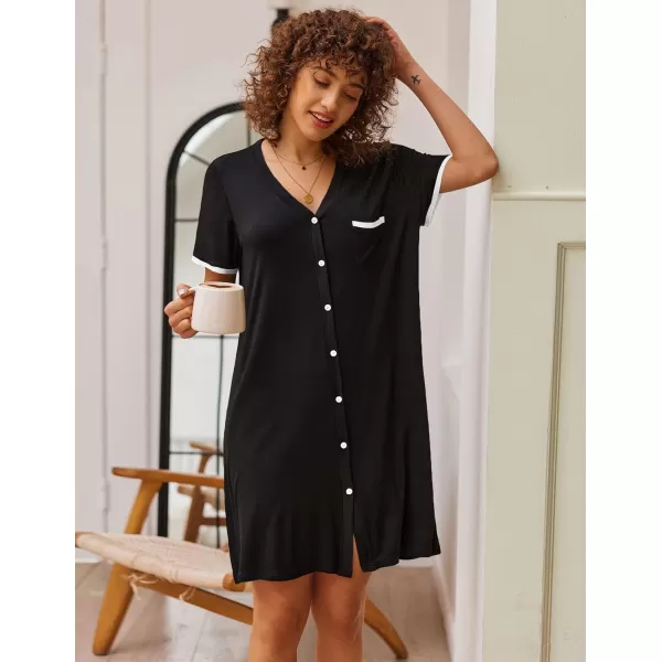 Ekouaer Womens VNeck Button Down Nightgown NightshirtShort Sleeveblack