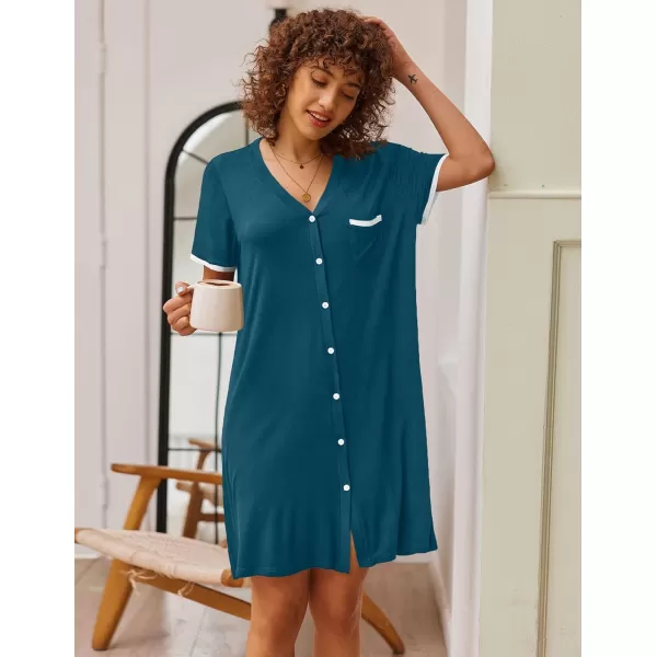 Ekouaer Womens VNeck Button Down Nightgown NightshirtShort Sleeveblue Green