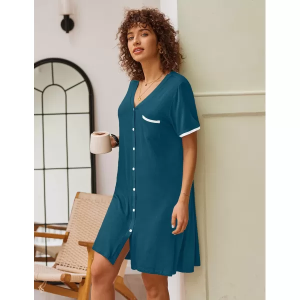 Ekouaer Womens VNeck Button Down Nightgown NightshirtShort Sleeveblue Green