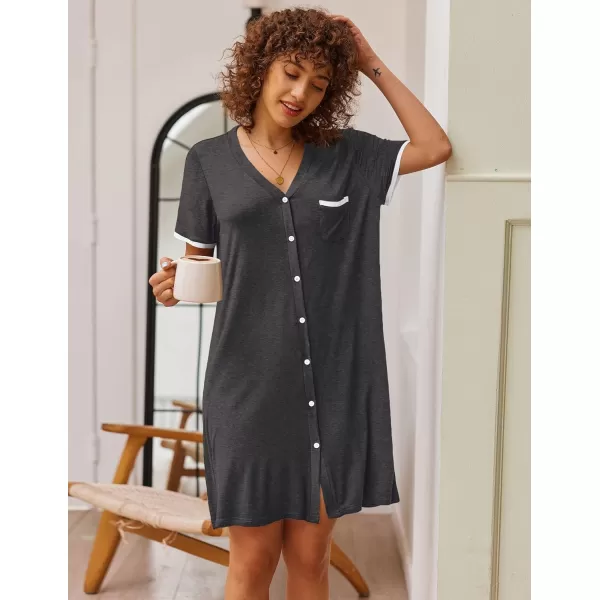 Ekouaer Womens VNeck Button Down Nightgown NightshirtShort Sleevegrey