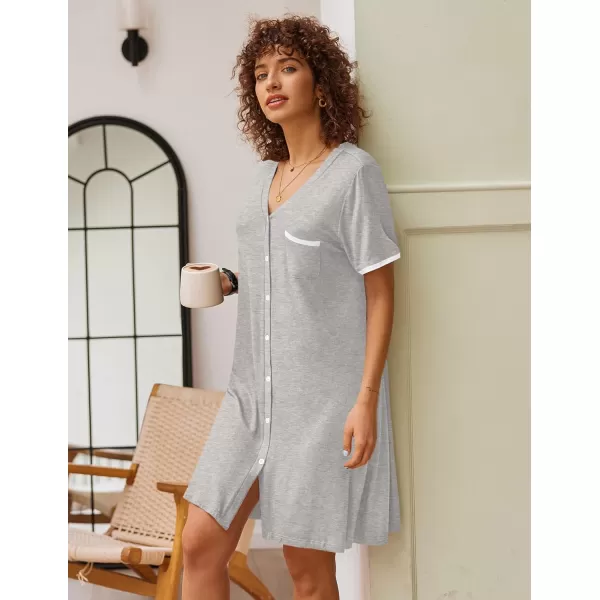 Ekouaer Womens VNeck Button Down Nightgown NightshirtShort Sleevelight Grey