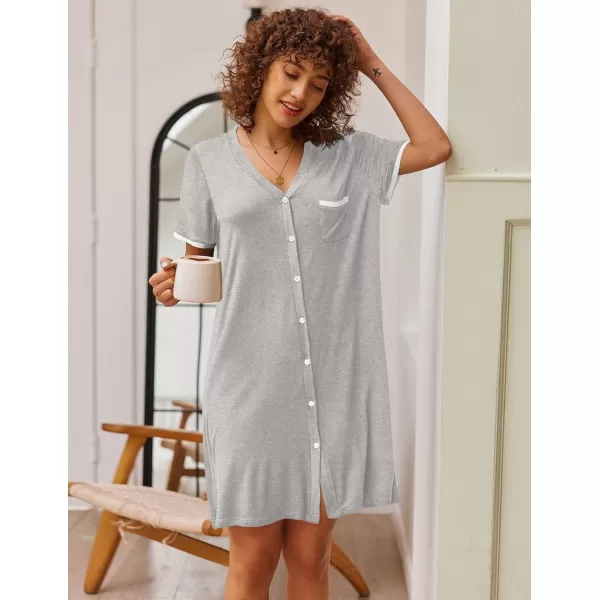 Ekouaer Womens VNeck Button Down Nightgown NightshirtShort Sleevelight Grey