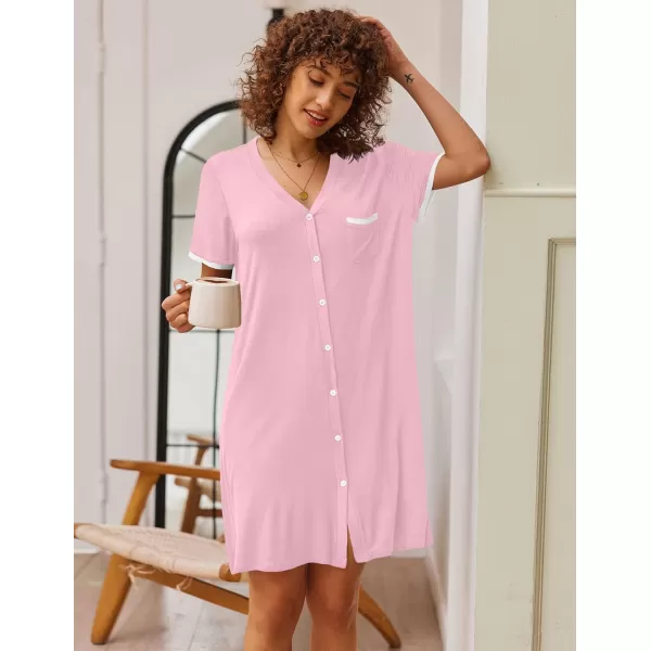 Ekouaer Womens VNeck Button Down Nightgown NightshirtShort Sleevemisty Rose