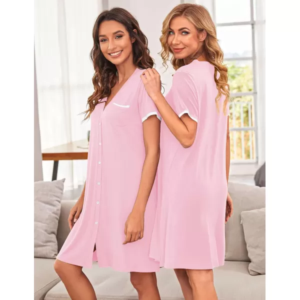 Ekouaer Womens VNeck Button Down Nightgown NightshirtShort Sleevemisty Rose