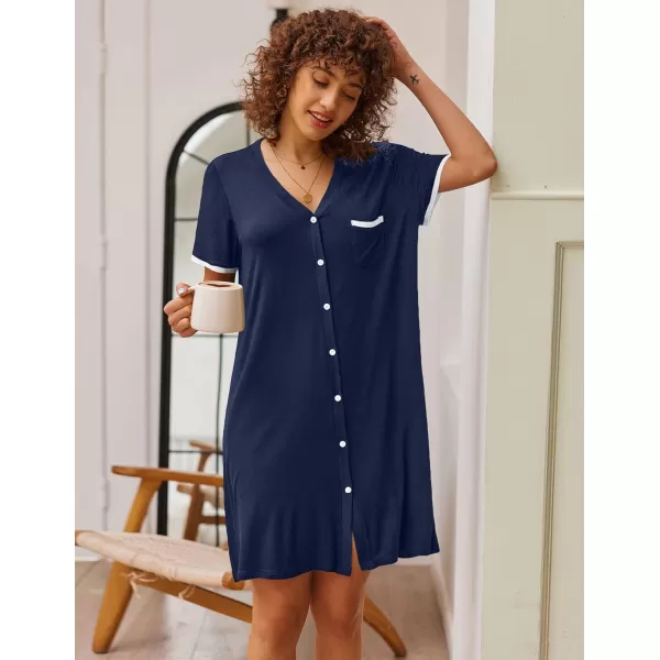 Ekouaer Womens VNeck Button Down Nightgown NightshirtShort Sleevenavy Blue