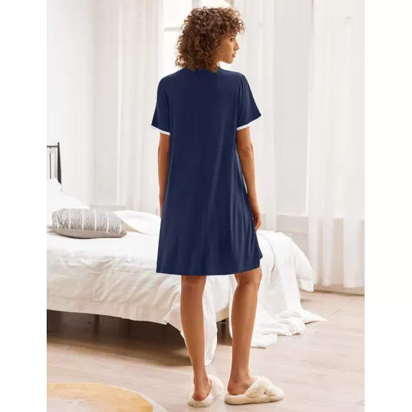 Ekouaer Womens VNeck Button Down Nightgown NightshirtShort Sleevenavy Blue