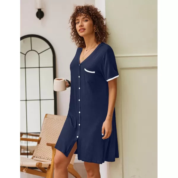 Ekouaer Womens VNeck Button Down Nightgown NightshirtShort Sleevenavy Blue