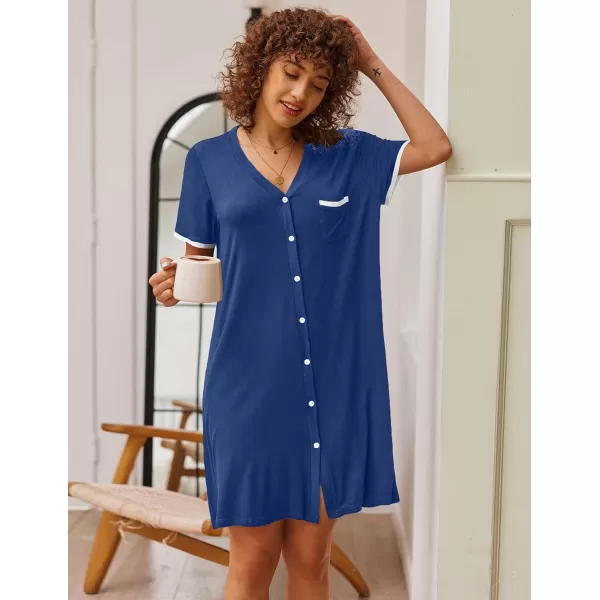 Ekouaer Womens VNeck Button Down Nightgown NightshirtShort Sleevenew Navy