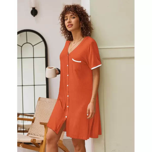 Ekouaer Womens VNeck Button Down Nightgown NightshirtShort Sleeveorange