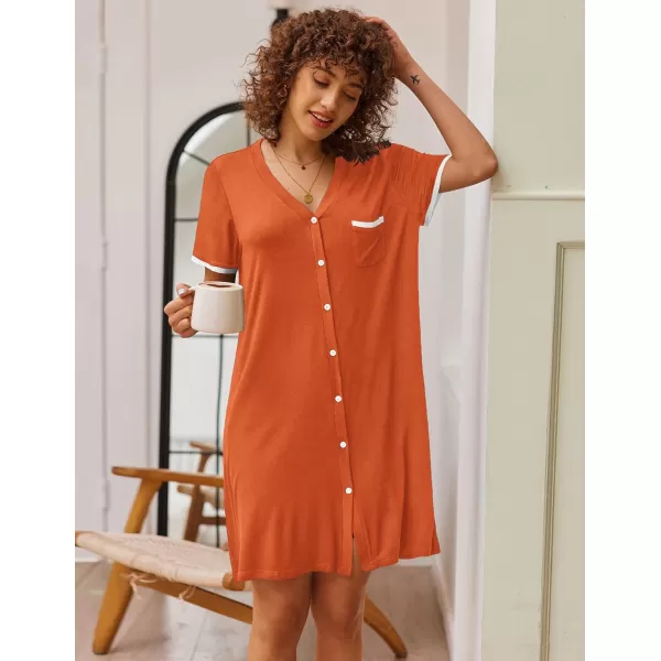 Ekouaer Womens VNeck Button Down Nightgown NightshirtShort Sleeveorange