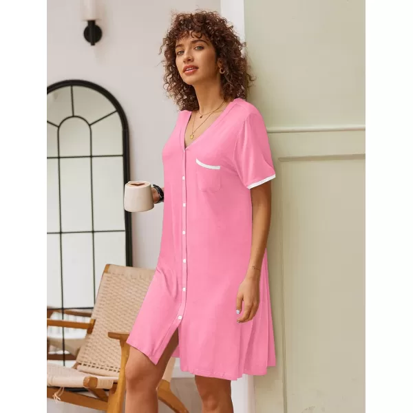 Ekouaer Womens VNeck Button Down Nightgown NightshirtShort Sleevepink