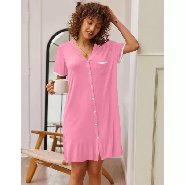 Ekouaer Womens VNeck Button Down Nightgown NightshirtShort Sleevepink