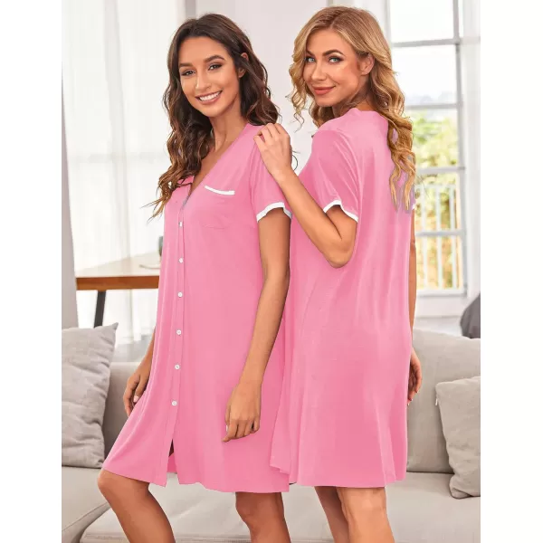 Ekouaer Womens VNeck Button Down Nightgown NightshirtShort Sleevepink