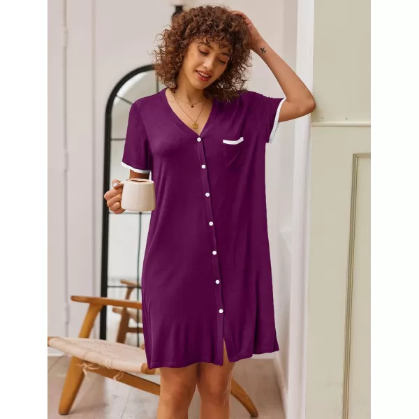 Ekouaer Womens VNeck Button Down Nightgown NightshirtShort Sleevepurple