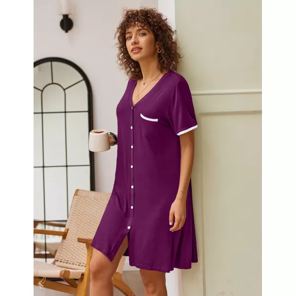 Ekouaer Womens VNeck Button Down Nightgown NightshirtShort Sleevepurple