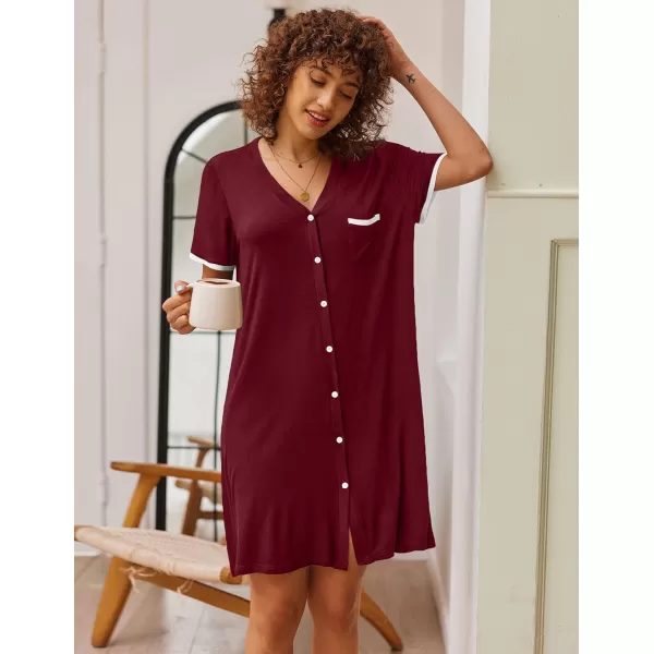 Ekouaer Womens VNeck Button Down Nightgown NightshirtShort Sleevewine Red