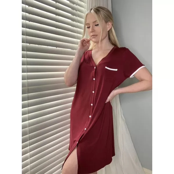 Ekouaer Womens VNeck Button Down Nightgown NightshirtShort Sleevewine Red