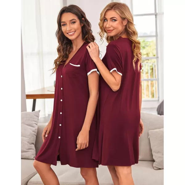 Ekouaer Womens VNeck Button Down Nightgown NightshirtShort Sleevewine Red