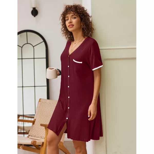 Ekouaer Womens VNeck Button Down Nightgown NightshirtShort Sleevewine Red