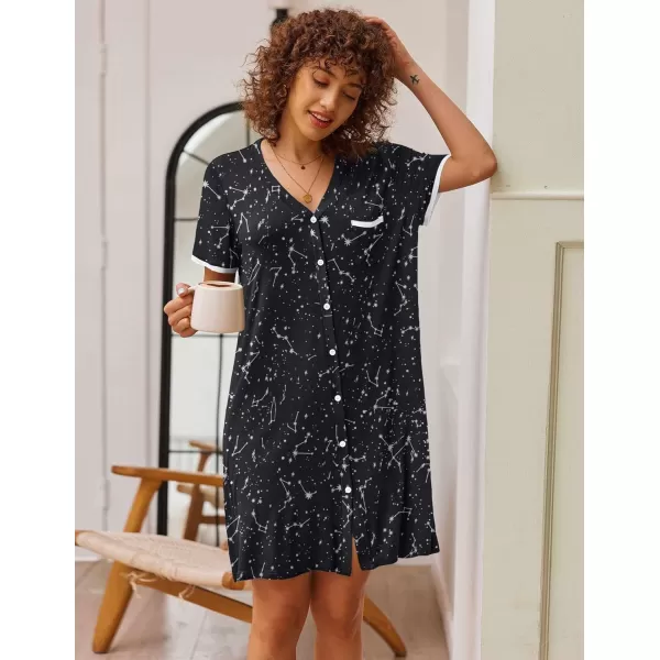 Ekouaer Womens VNeck Button Down Nightgown NightshirtShort Sleevezblackstars