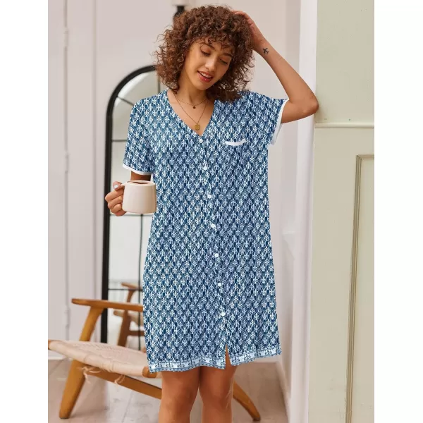 Ekouaer Womens VNeck Button Down Nightgown NightshirtShort Sleevezethnic Print