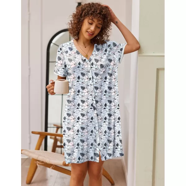 Ekouaer Womens VNeck Button Down Nightgown NightshirtShort Sleevezflower Print