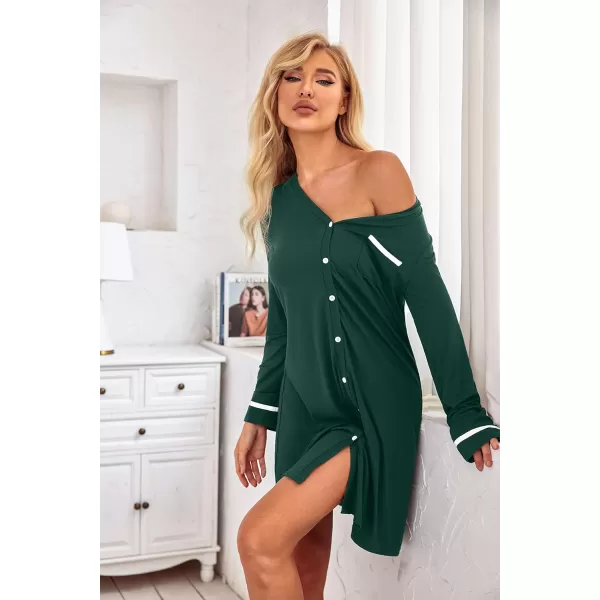 Ekouaer Womens VNeck Button Down Nightgown NightshirtZlong Sleevedark Green