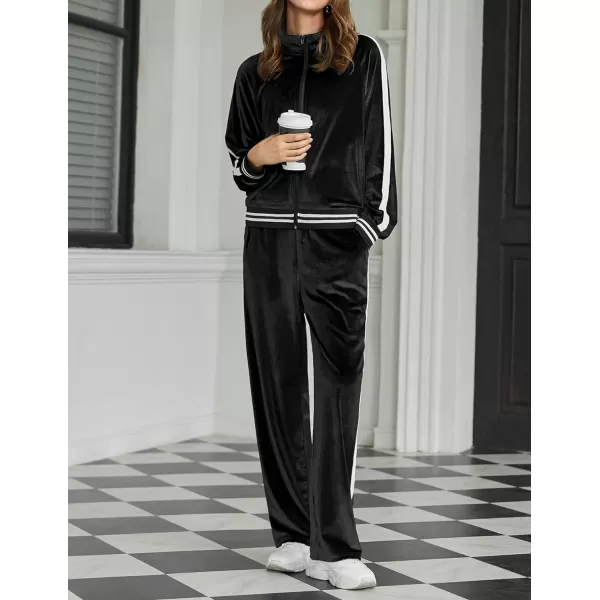 Ekouaer Womens Velour Tracksuits 2 Piece Outfits Set Long Sleeve Sweatsuits Zip Up Jogging Set with PocketsBlack
