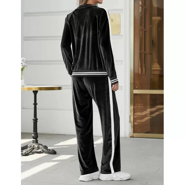 Ekouaer Womens Velour Tracksuits 2 Piece Outfits Set Long Sleeve Sweatsuits Zip Up Jogging Set with PocketsBlack