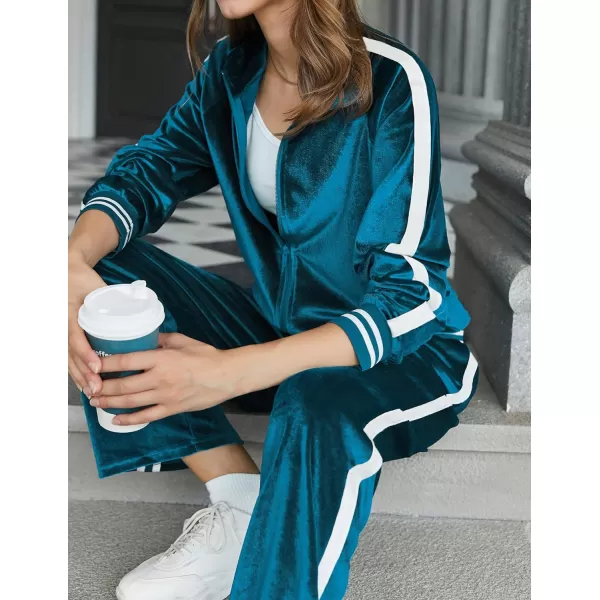 Ekouaer Womens Velour Tracksuits 2 Piece Outfits Set Long Sleeve Sweatsuits Zip Up Jogging Set with PocketsBlue