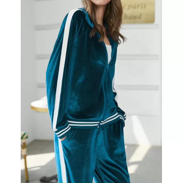Ekouaer Womens Velour Tracksuits 2 Piece Outfits Set Long Sleeve Sweatsuits Zip Up Jogging Set with PocketsBlue