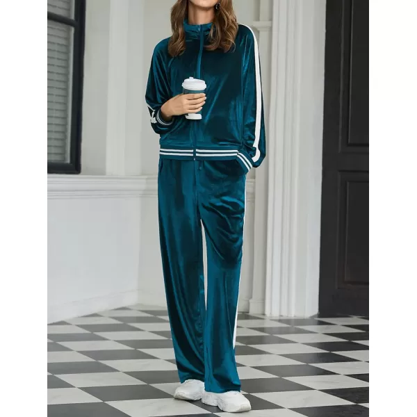 Ekouaer Womens Velour Tracksuits 2 Piece Outfits Set Long Sleeve Sweatsuits Zip Up Jogging Set with PocketsBlue