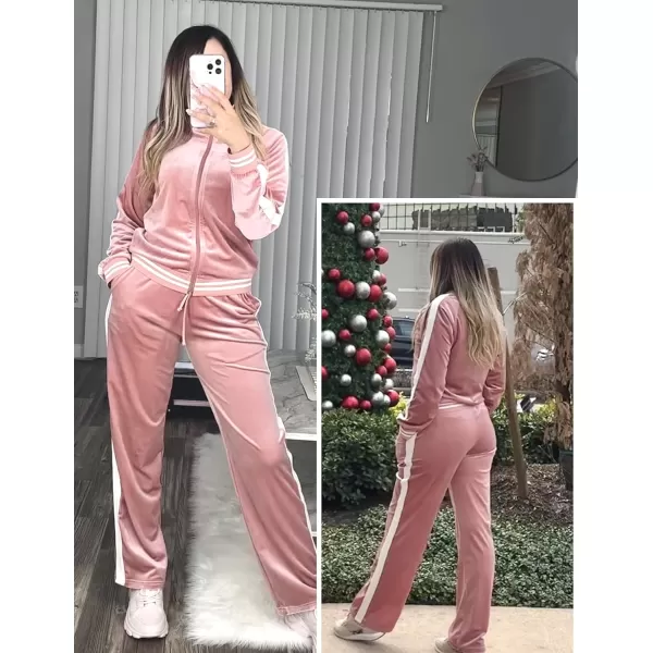 Ekouaer Womens Velvet Velor Tracksuits 2 Piece Lounge Outfits Zip Up Sweatshirt and Sweatpants with Pockets S3XLPink