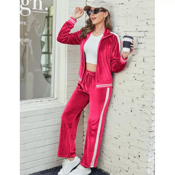 Ekouaer Womens Velvet Velor Tracksuits 2 Piece Lounge Outfits Zip Up Sweatshirt and Sweatpants with Pockets S3XLRose Red