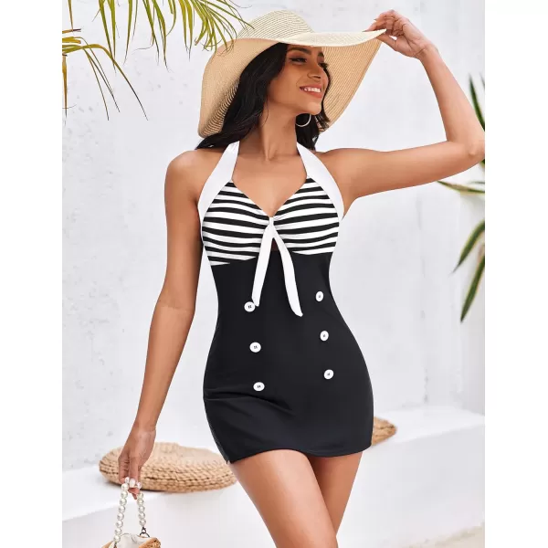 Ekouaer Womens Vintage Striped One Piece Swimsuit Monokini Boyleg Bathing Suit SwimwearBlack White