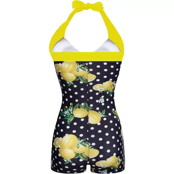 Ekouaer Womens Vintage Striped One Piece Swimsuit Monokini Boyleg Bathing Suit SwimwearLemon Polka Dot