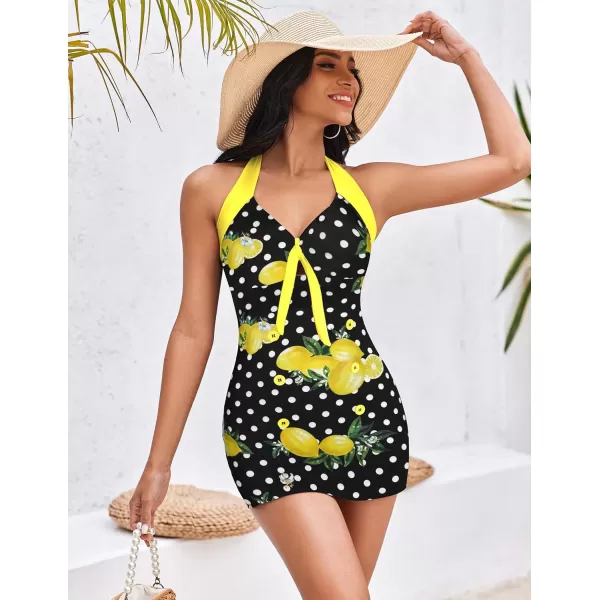 Ekouaer Womens Vintage Striped One Piece Swimsuit Monokini Boyleg Bathing Suit SwimwearLemon Polka Dot