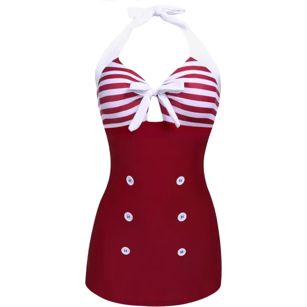 Ekouaer Womens Vintage Striped One Piece Swimsuit Monokini Boyleg Bathing Suit SwimwearWine Red Stripes