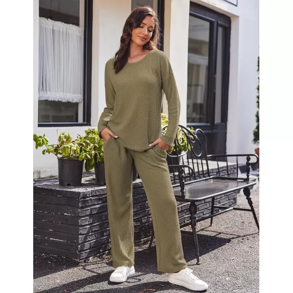 Ekouaer Womens Waffle Knit Pajama Sets Long Sleeve Top and Wide Leg Pants Matching Lounge Sets with Pockets Fall Fashion 2023Army Green