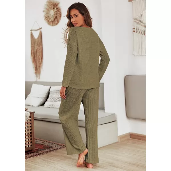 Ekouaer Womens Waffle Knit Pajama Sets Long Sleeve Top and Wide Leg Pants Matching Lounge Sets with Pockets Fall Fashion 2023Army Green