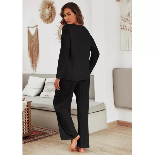 Ekouaer Womens Waffle Knit Pajama Sets Long Sleeve Top and Wide Leg Pants Matching Lounge Sets with Pockets Fall Fashion 2023Black