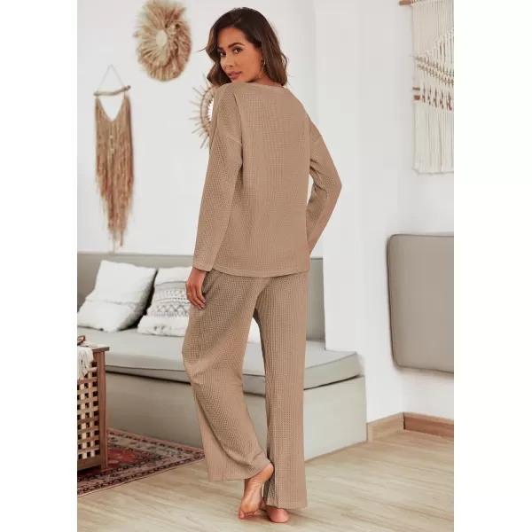 Ekouaer Womens Waffle Knit Pajama Sets Long Sleeve Top and Wide Leg Pants Matching Lounge Sets with Pockets Fall Fashion 2023Khaki