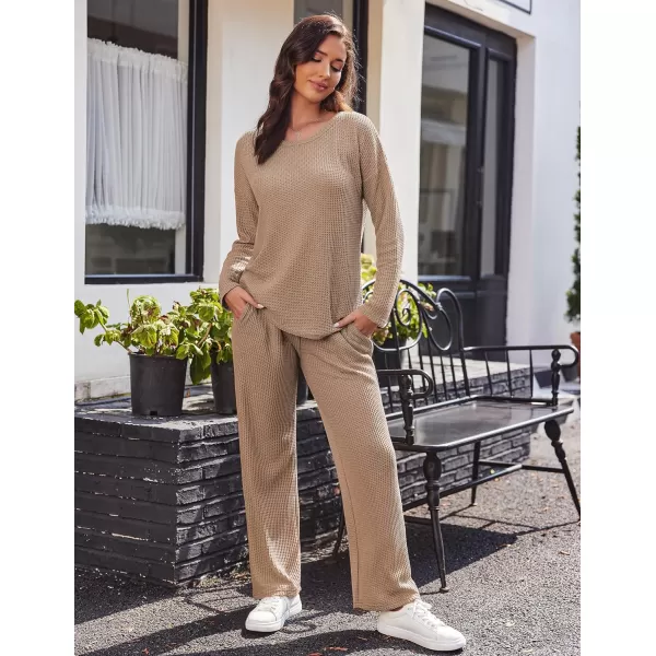 Ekouaer Womens Waffle Knit Pajama Sets Long Sleeve Top and Wide Leg Pants Matching Lounge Sets with Pockets Fall Fashion 2023Khaki