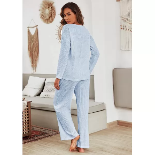 Ekouaer Womens Waffle Knit Pajama Sets Long Sleeve Top and Wide Leg Pants Matching Lounge Sets with Pockets Fall Fashion 2023Light Blue