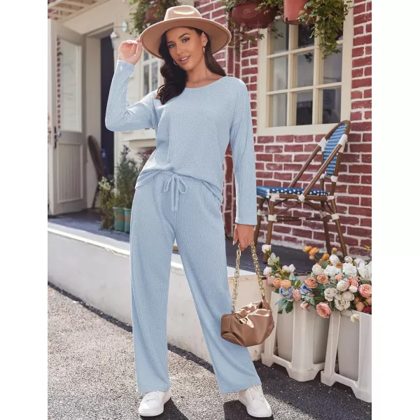 Ekouaer Womens Waffle Knit Pajama Sets Long Sleeve Top and Wide Leg Pants Matching Lounge Sets with Pockets Fall Fashion 2023Light Blue