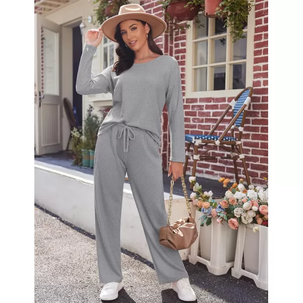 Ekouaer Womens Waffle Knit Pajama Sets Long Sleeve Top and Wide Leg Pants Matching Lounge Sets with Pockets Fall Fashion 2023Light Grey